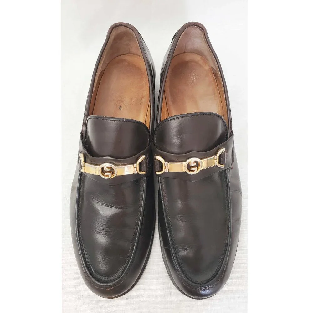 Vintage Gucci Men's Dark Brown Leather Loafers Shoes with Gold GG Buckle 42.5